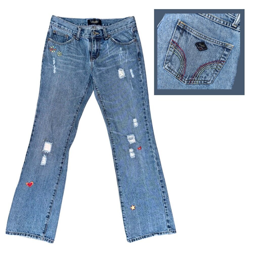Vintage Angels Embroidered Jeans With Patches Rainbow Pockets Size 7 Women